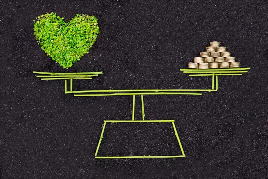 A heart made of leaves balanced against a stack of coins on a scale