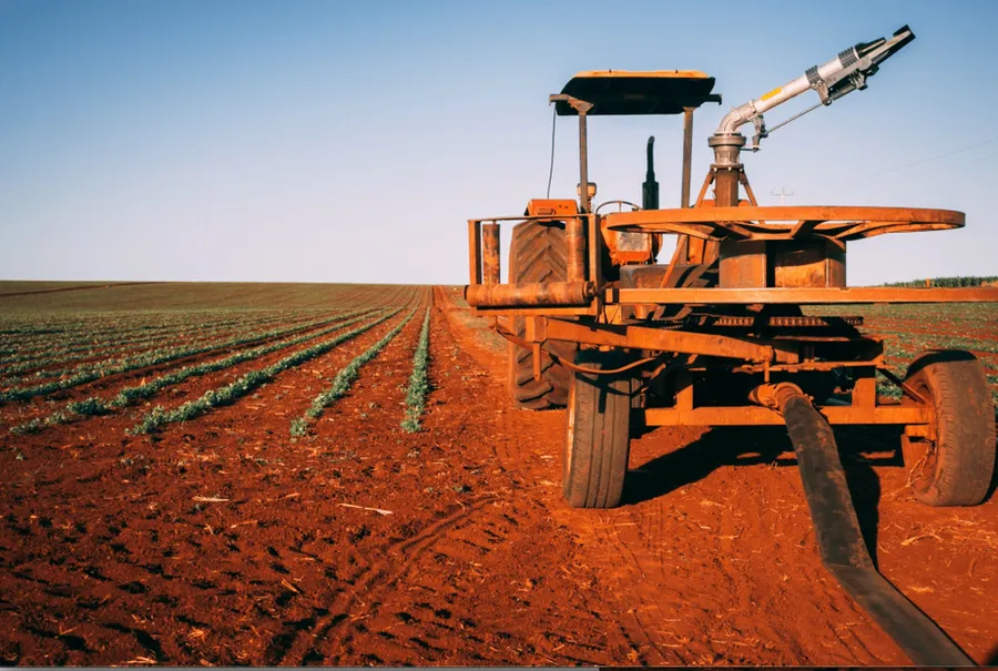 Irrigation rig beside newly planted rows in red soil